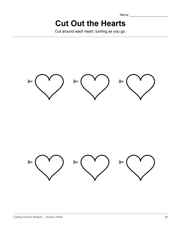 Six outline hearts with scissors icons on a white background, ready for cutting practice.