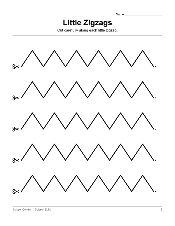 Page with five rows of zigzags for cutting practice, each starting with scissors icon.