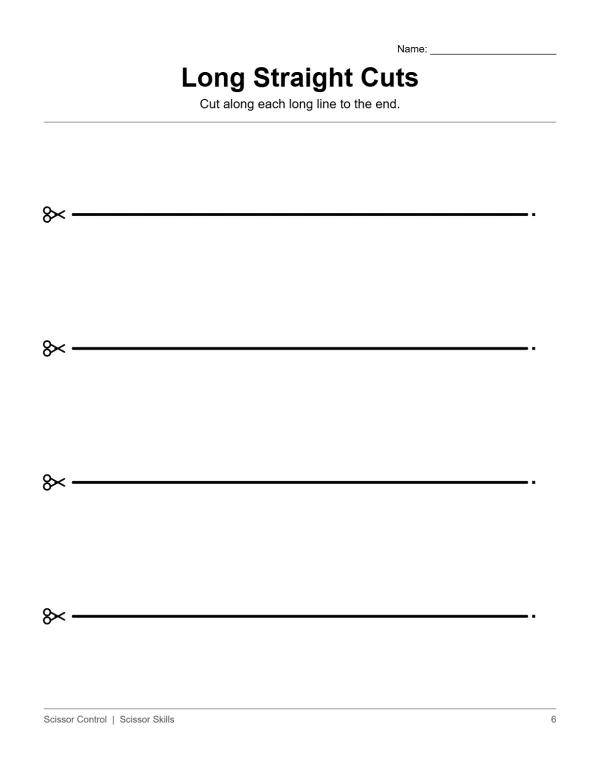 Worksheet with four long straight black lines for cutting practice, marked with scissors icons.