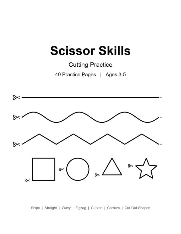 Lines and shapes for scissor skills cutting practice, including straight, wavy, zigzag, square, circle, triangle, and star.