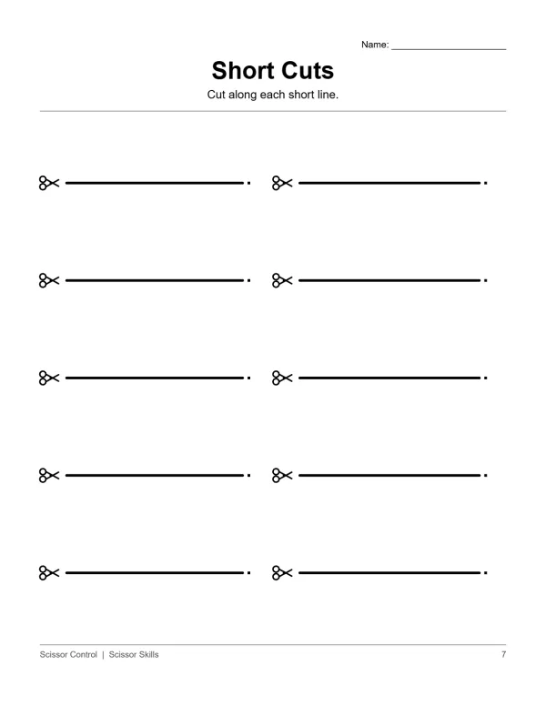 Page with multiple short straight lines marked with scissors icons for cutting practice.