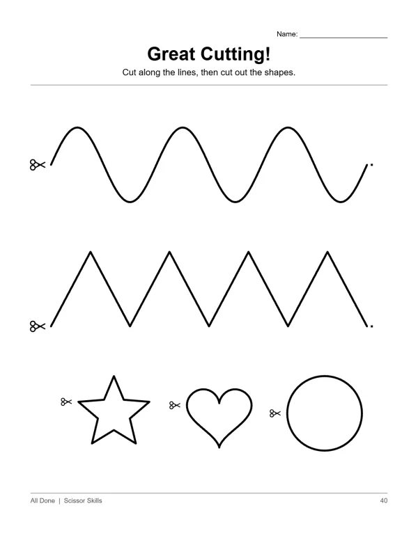 Worksheet with wavy, zigzag, star, heart, and circle cutting lines and shapes.