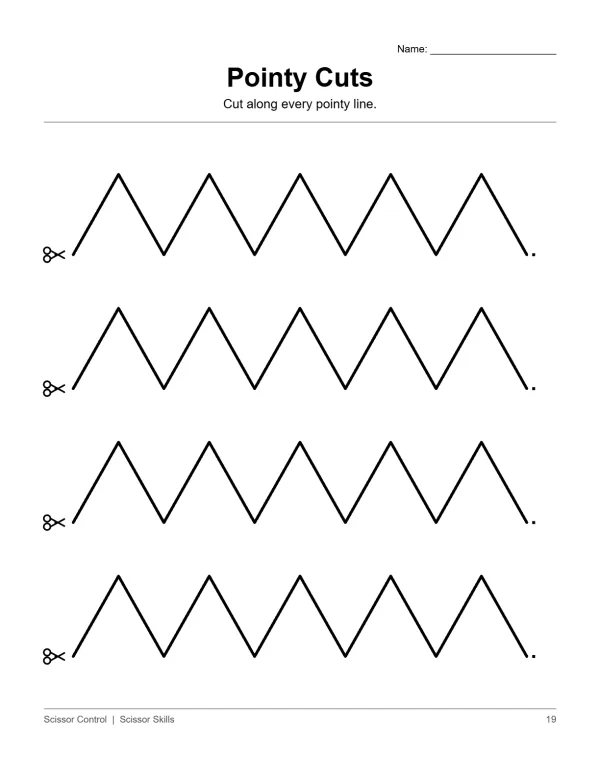Four rows of zigzag cutting lines with scissors icons on the left and dots on the right.