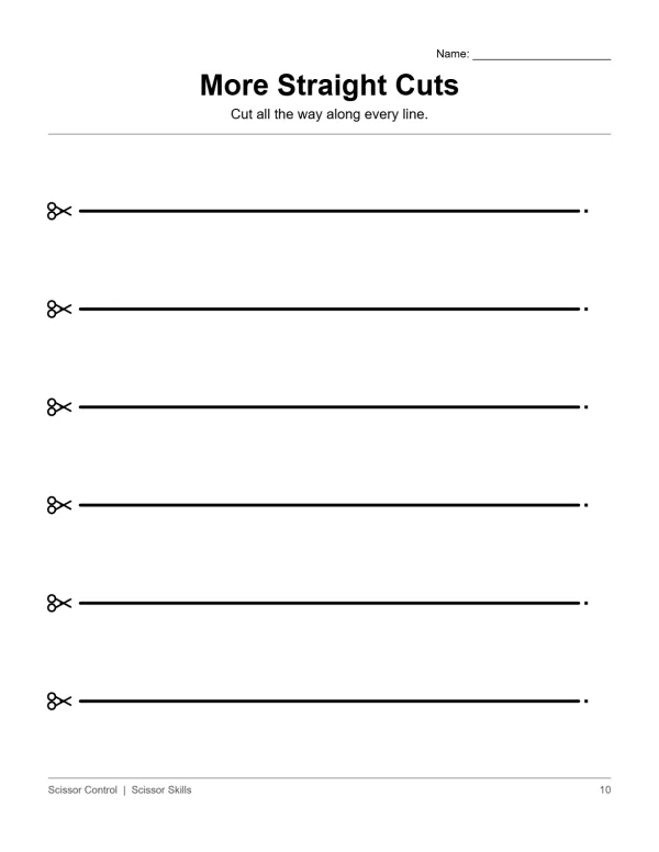 Worksheet with horizontal straight lines and scissor graphics for cutting practice.