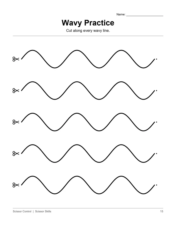 Page with five horizontal wavy lines and scissors icon on the left of each line.