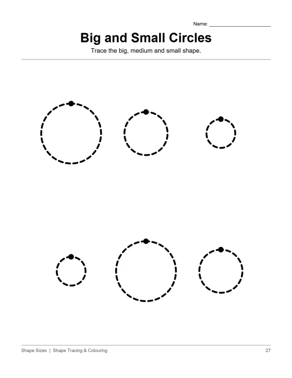 Dashed outline of big, medium, and small circles with a black dot at the top of each.
