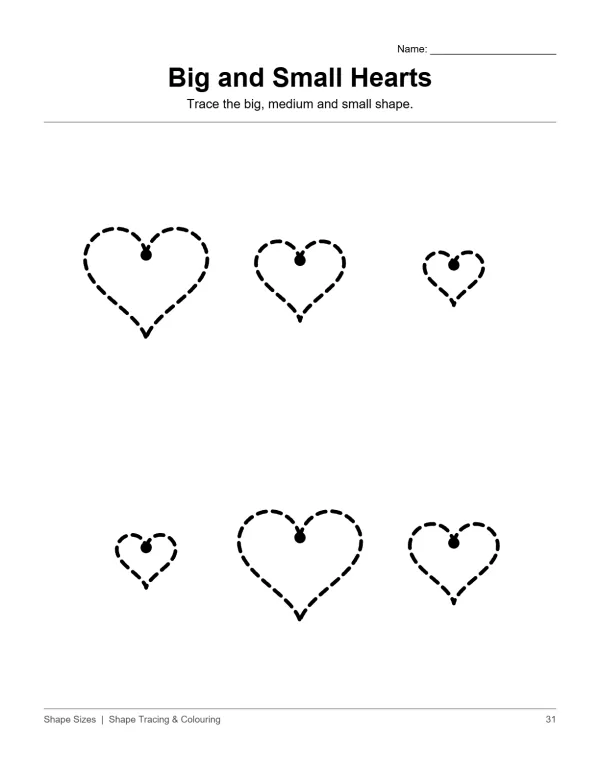 Dashed outline of six hearts in three sizes, big, medium, and small, with dots inside.