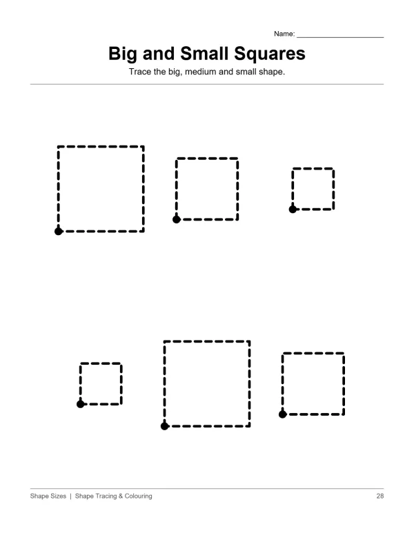 Dashed outline squares of different sizes with a dot to start tracing.