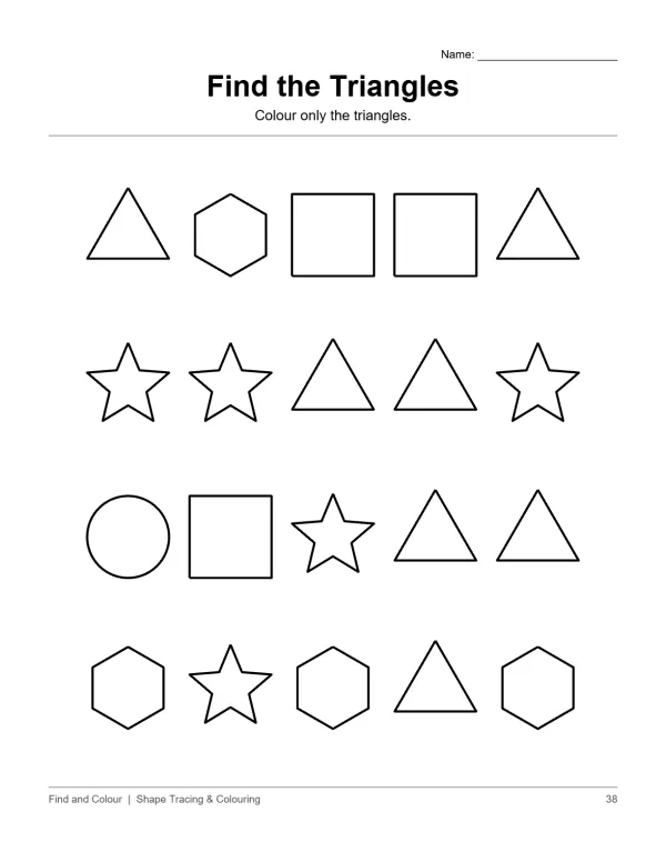 Grid of geometric shapes including triangles, hexagons, squares, and stars with instructions to color only the triangles.