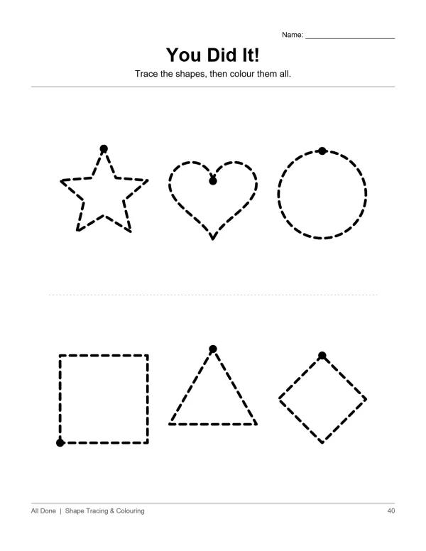Dashed outlines of a star, heart, circle, square, triangle, and diamond with dots.