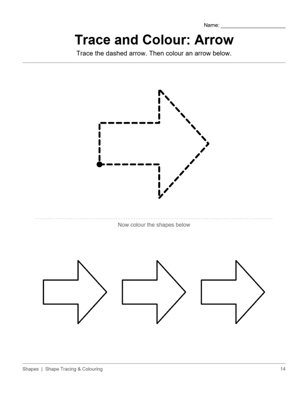 A dashed arrow outline to trace, followed by three solid arrow shapes to color.