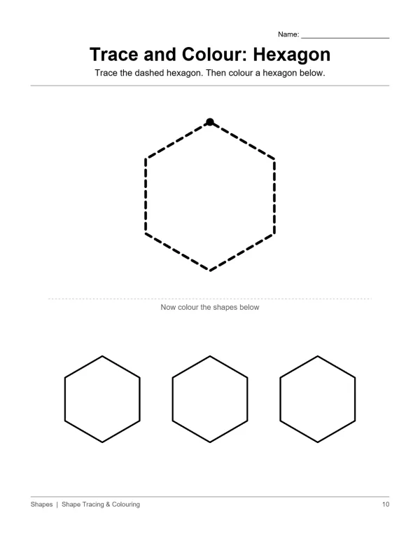 A worksheet showing a dashed hexagon to trace and three solid hexagons to color.