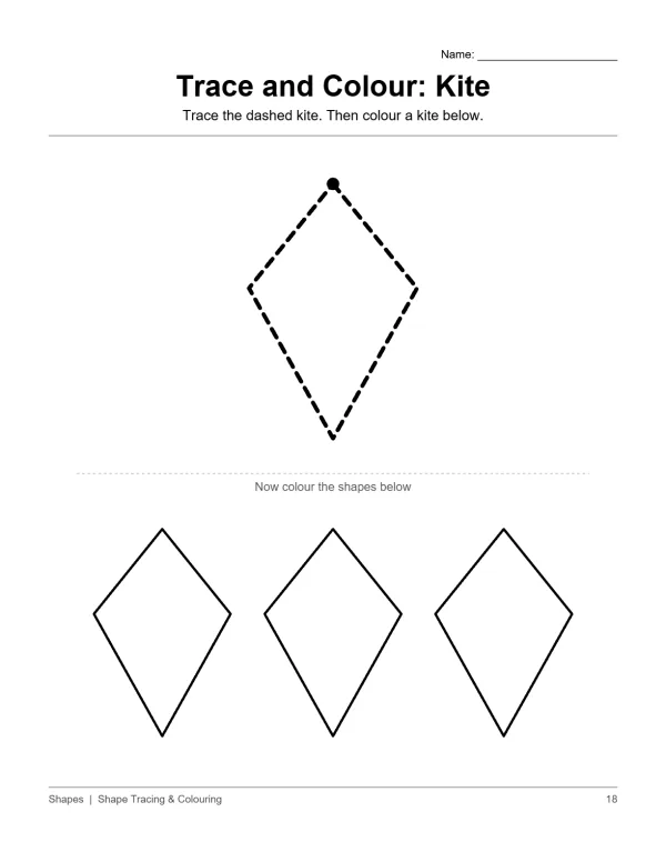 A worksheet with a dashed kite outline to trace and three solid kite outlines to color.