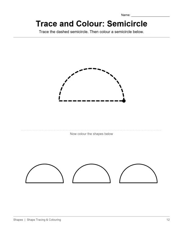 A worksheet with a dashed semicircle to trace and three semicircles to color.