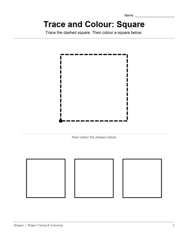 A worksheet with a dashed square to trace and three blank squares to color.
