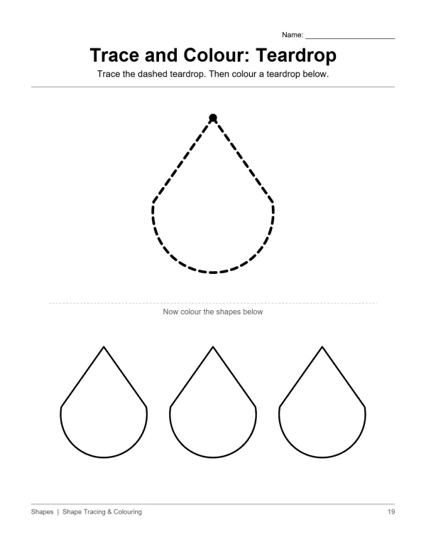 A worksheet page shows a dashed teardrop outline to trace and three solid teardrop shapes to color.
