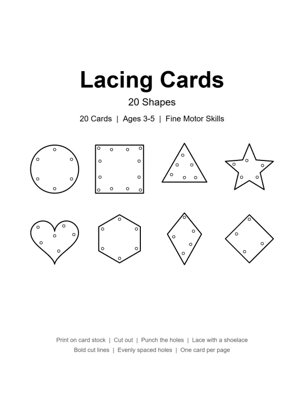 Eight simple geometric shapes with punch holes for lacing, including a circle, square, triangle, star, heart, hexagon, and two diamonds.