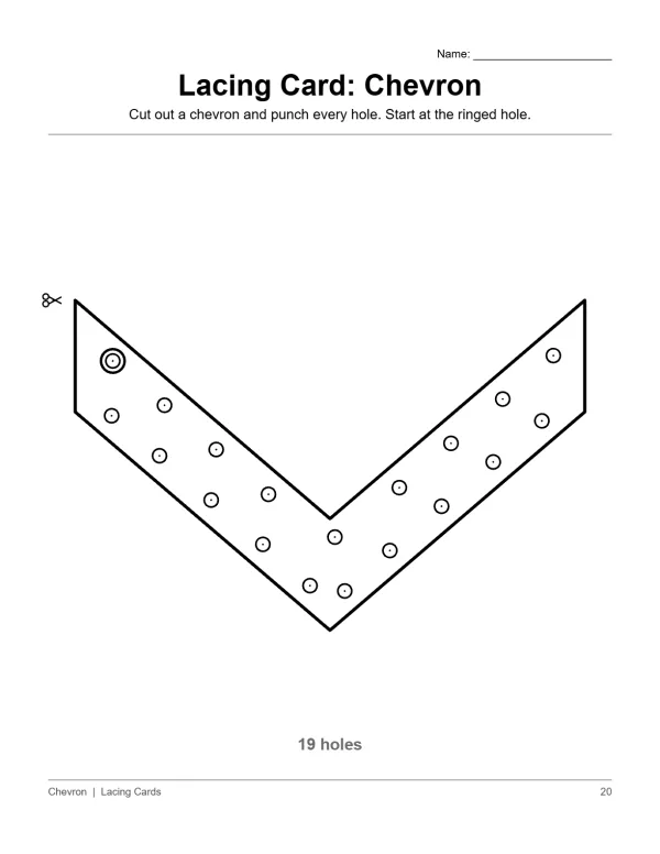 A black and white outline of a chevron shape with many small circles punched through it.