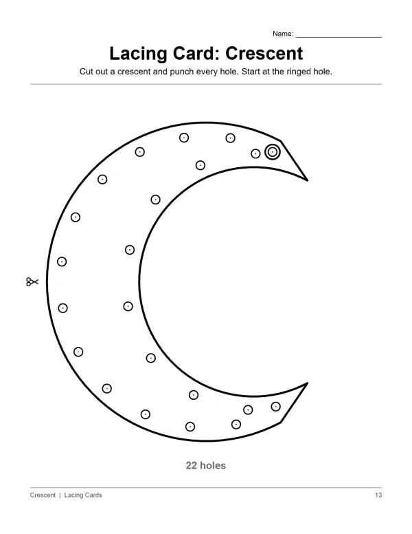 A crescent moon shape with many small circles for lacing holes and scissors icon.
