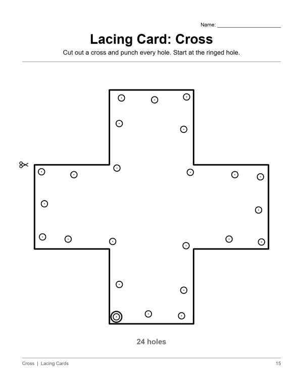 A cross-shaped lacing card with 24 holes for threading practice.
