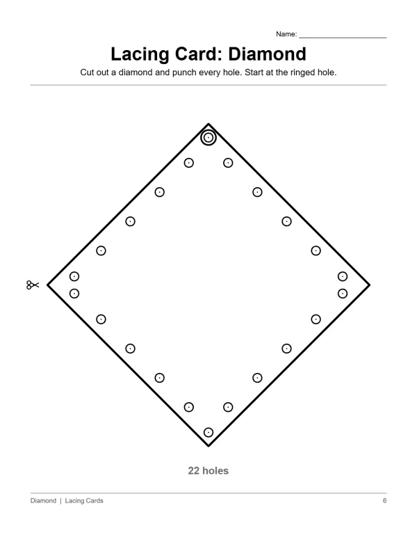 A diamond shape with many holes punched around the edges, ready for lacing.