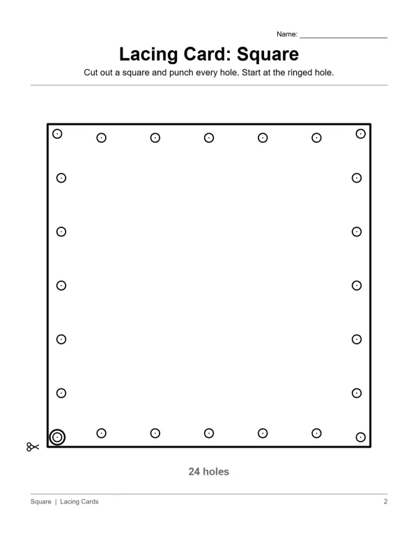 Outline of a square with evenly spaced holes along its edges for lacing practice.