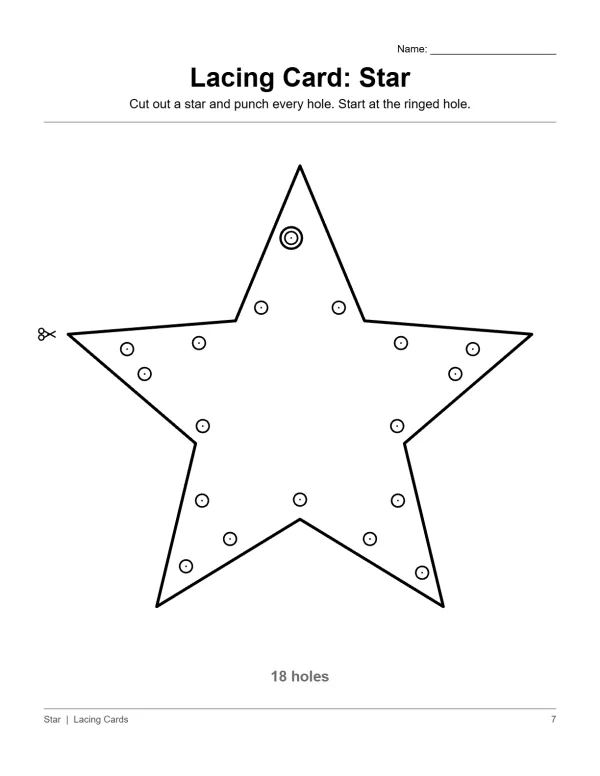 A black and white outline of a star with 18 small circles marking holes around its edges.