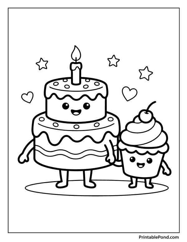 Cute cartoon birthday cake and cupcake with happy faces, decorated with a candle, cherry, stars, and hearts.