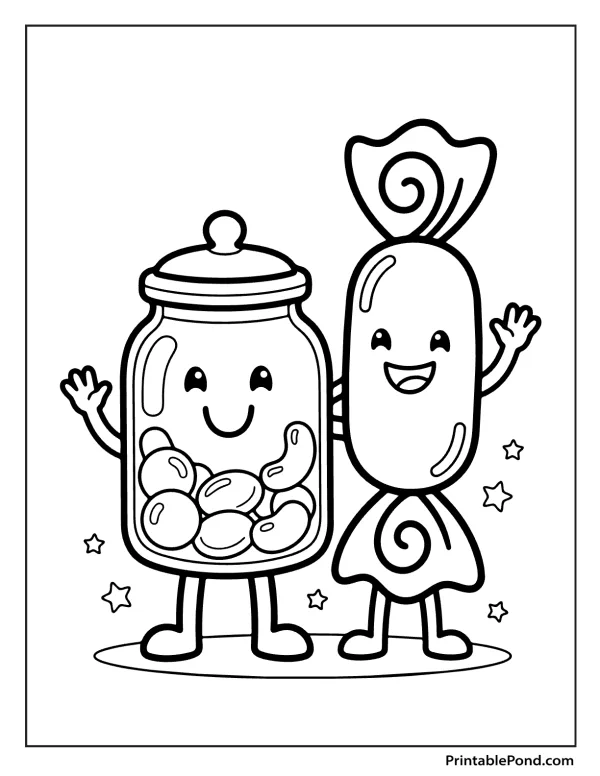 A smiling candy jar filled with jelly beans stands next to a smiling wrapped candy with wavy edges.