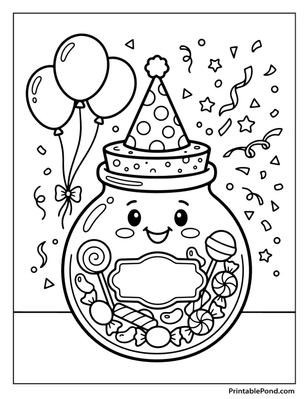 A happy candy jar wearing a polka dot party hat, filled with lollipops and candies, with balloons and confetti.