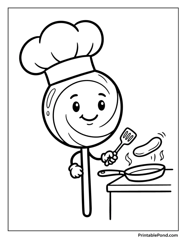 A cartoon lollipop wearing a chef hat cooks pancakes in a frying pan.