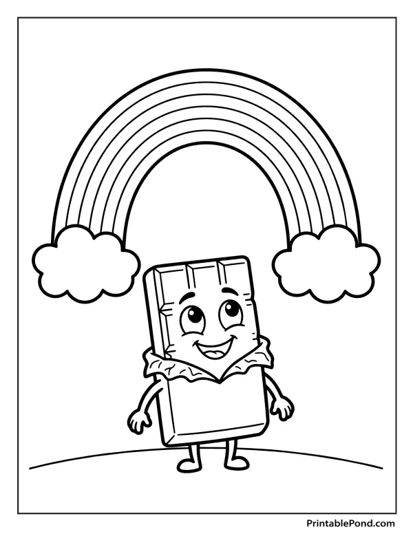 A smiling cartoon chocolate bar with eyes looking up at a rainbow, standing on a grassy hill.