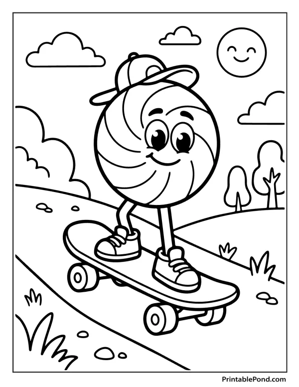 A cartoon lollipop wearing a baseball cap rides a skateboard down a path with grass and trees.