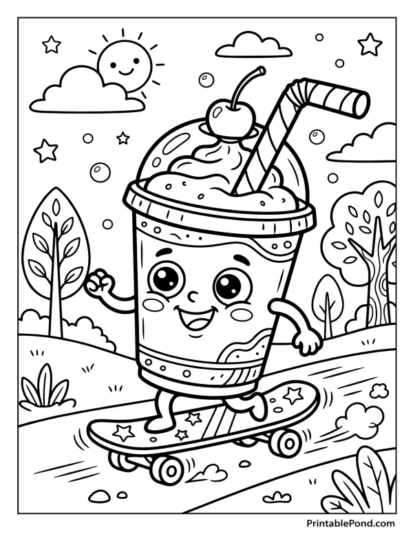 A smiling cartoon milkshake with a cherry on top rides a skateboard down a path past trees and clouds.