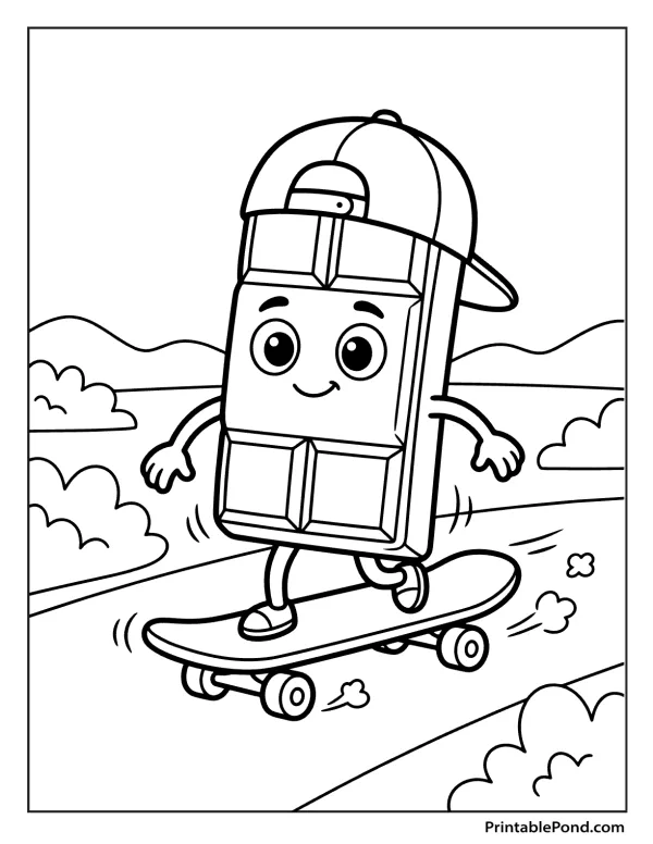Cartoon chocolate bar wearing a baseball cap rides a skateboard, with clouds and hills in the background.