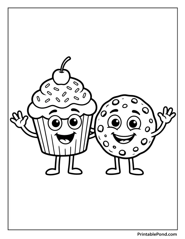 A cartoon cupcake with sprinkles and a cherry smiles next to a cartoon cookie with chocolate chips.