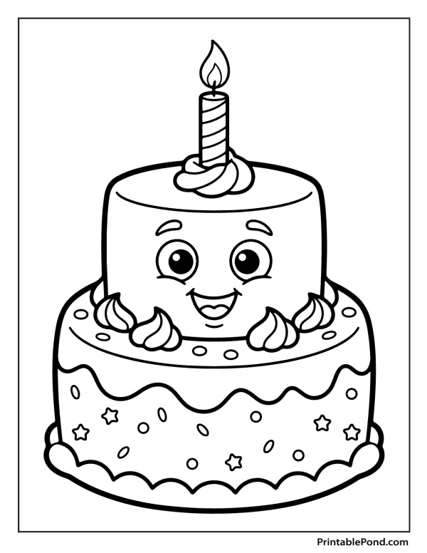 A two-tiered birthday cake with a face, arms, and a lit candle on top.