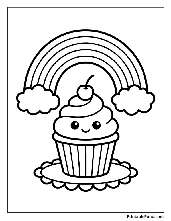 Outline of a smiling cartoon cupcake with a cherry on top, under a rainbow with clouds.