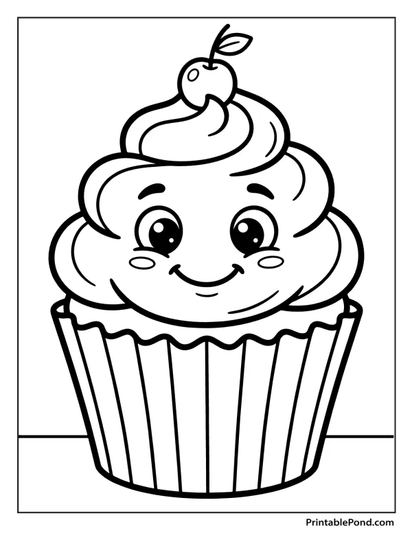 A cartoon cupcake with a cheerful face, swirly frosting, and a cherry on top.