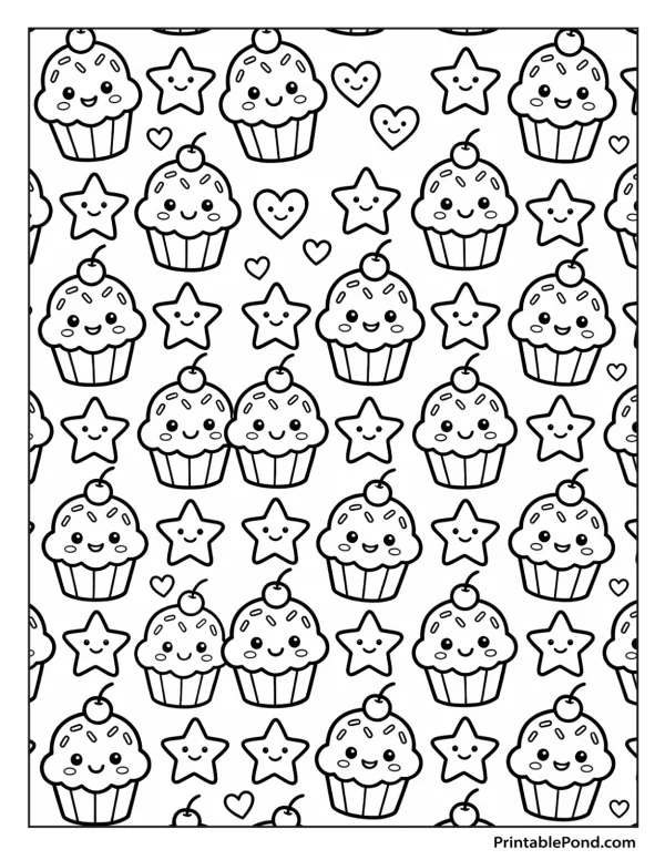 A repeating pattern of cute kawaii cupcakes and stars with happy faces, ready to be colored.