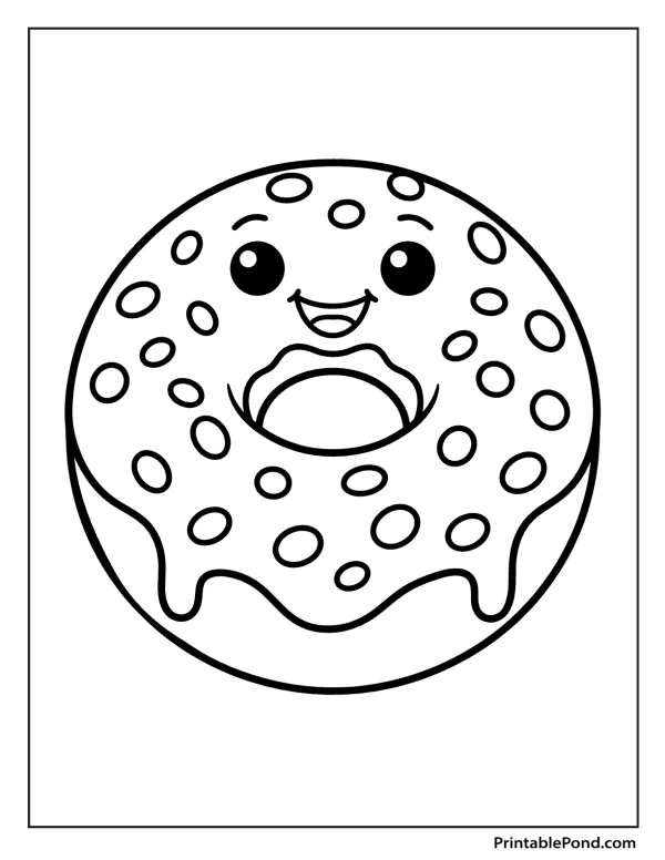 A friendly donut with a happy face and sprinkles, ready to be colored in.