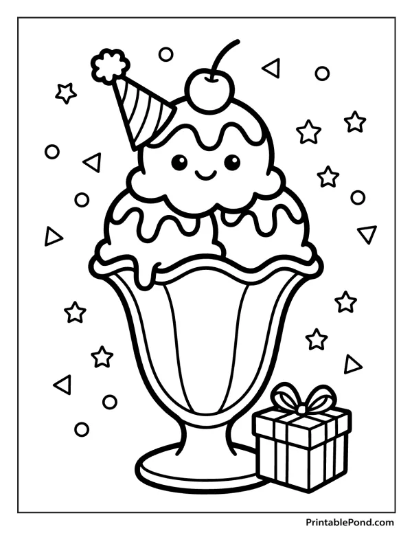 A cartoon ice cream sundae with a face, party hat, and cherry sits in a glass dish next to a gift.
