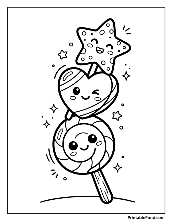 A smiling star, heart, and swirl lollipop stack, all with faces, on a stick.