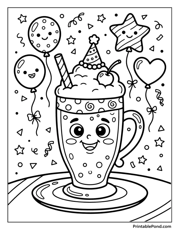 A smiling cartoon milkshake with a party hat and cherry on top, surrounded by balloons and confetti.