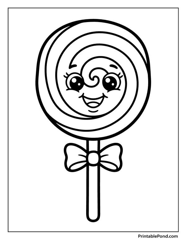 A cartoon swirl lollipop with a happy face and a bow on its stick is ready for coloring.