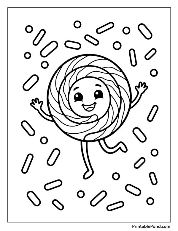 A smiling cartoon lollipop with arms and legs dances surrounded by sprinkles and circles.
