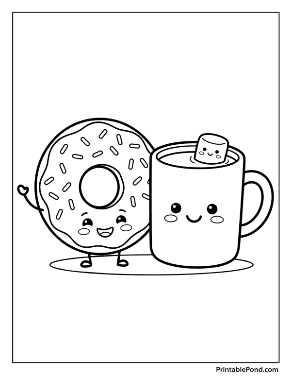 A smiling donut and a smiling mug of hot cocoa with a marshmallow.