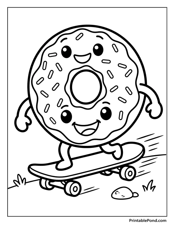 A cartoon donut with a face, arms, and legs rides a skateboard with sprinkles on its frosting.