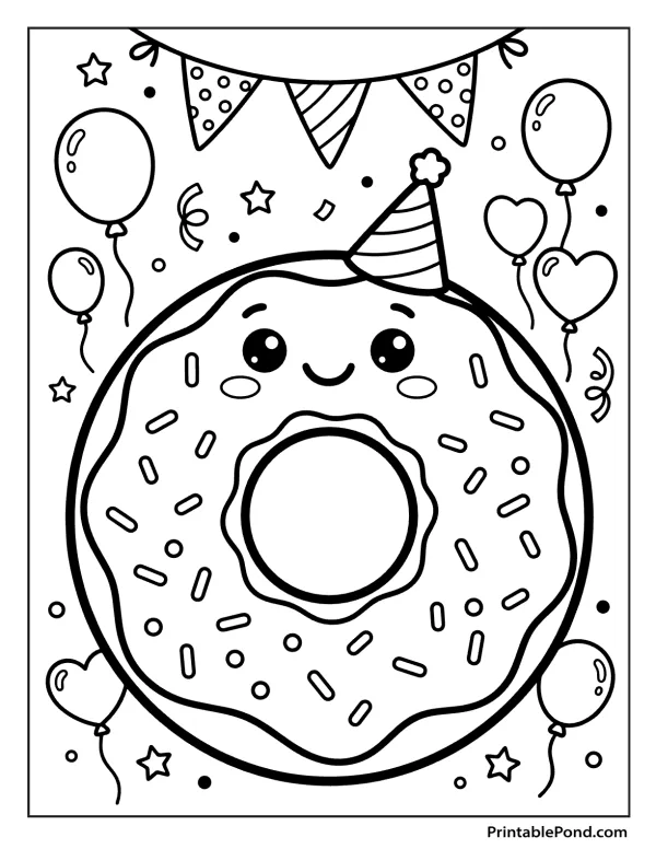 A cute donut wearing a striped party hat, surrounded by balloons, streamers, and bunting.