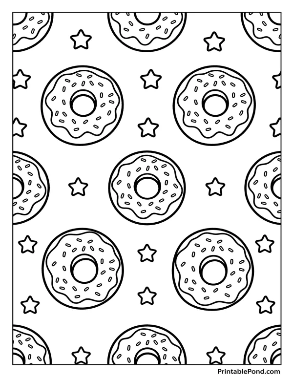 Outline of donuts with sprinkles scattered among small outlined stars on a white background.